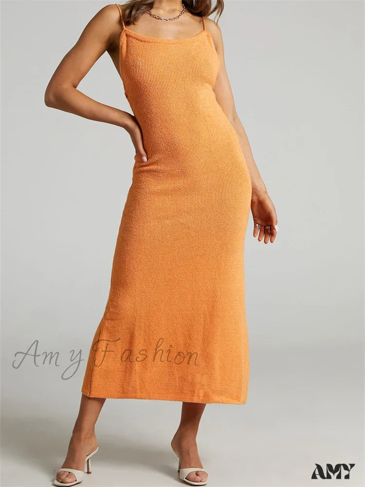 Amy Fashion - Sexy Women Knitted Summer Solid Color Sleeveless Spaghetti Strap Low Cut O-Neck