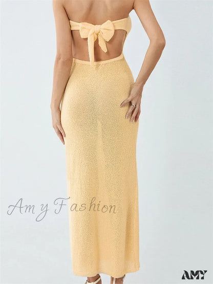 Amy Fashion - Sexy Women Knitted Tube Strapless Off Shoulder Solid Summer Tie-Up Backless Beach