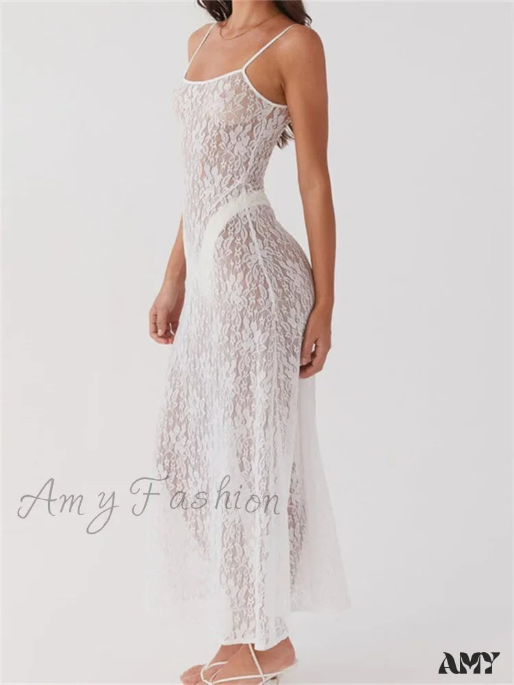 Amy Fashion - Sexy Women Lace Floral Mesh See Through Summer Sleeveless Strap White Beach Female