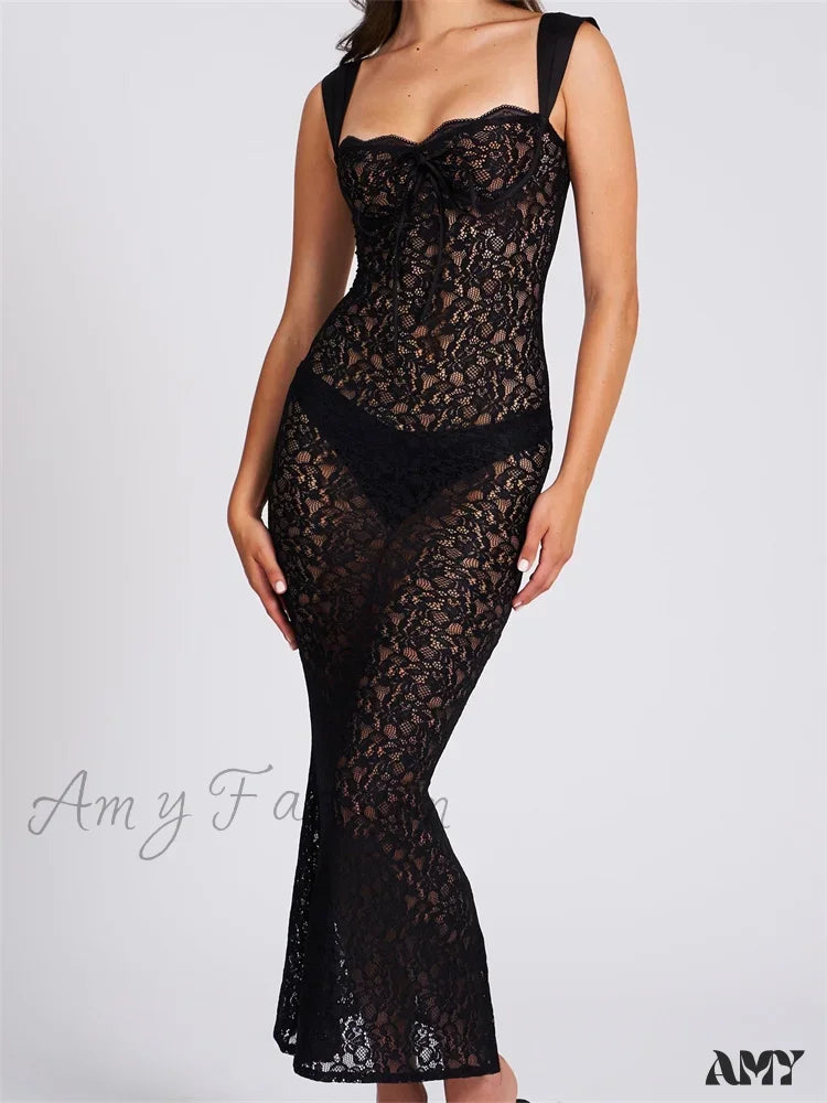 Amy Fashion - Sexy Women Lace Floral Sling Mesh See-Through Sleeveless Strap Low Cut Summer