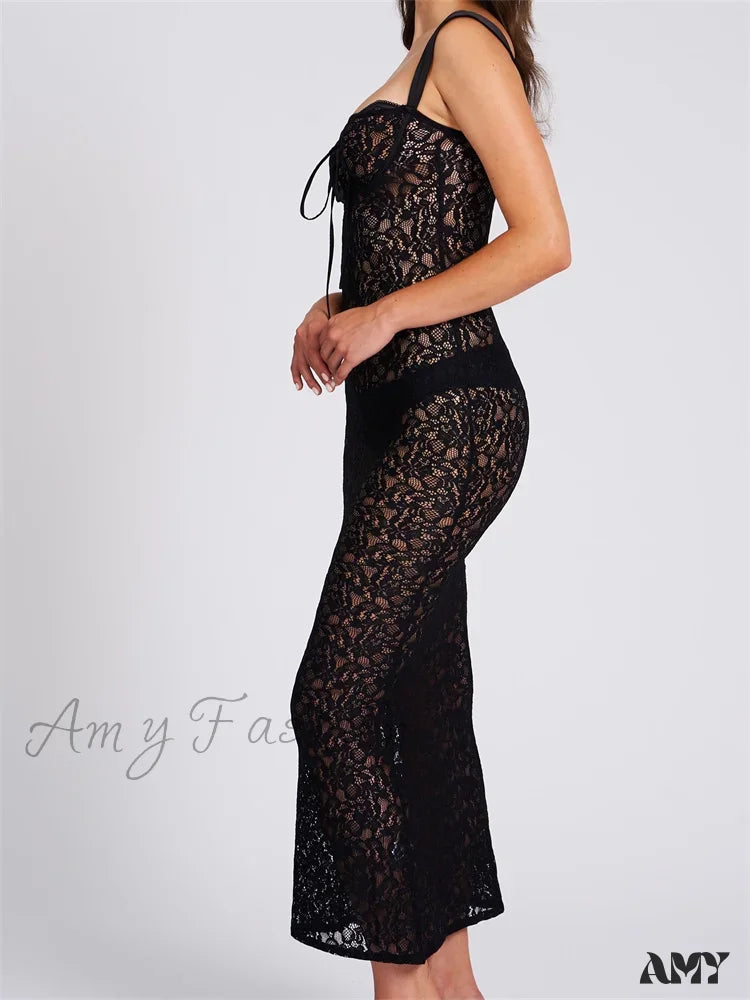 Amy Fashion - Sexy Women Lace Floral Sling Mesh See-Through Sleeveless Strap Low Cut Summer