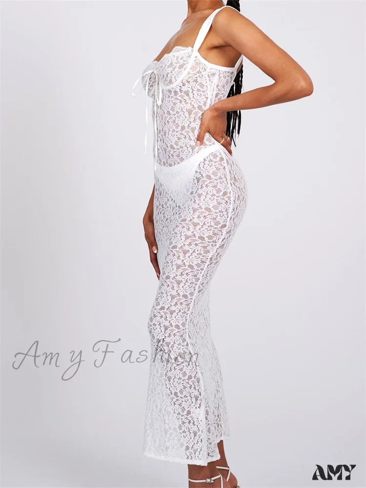 Amy Fashion - Sexy Women Lace Floral Sling Mesh See-Through Sleeveless Strap Low Cut Summer