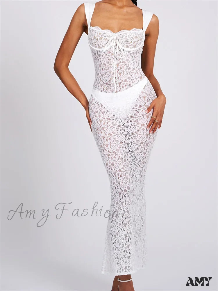 Amy Fashion - Sexy Women Lace Floral Sling Mesh See-Through Sleeveless Strap Low Cut Summer