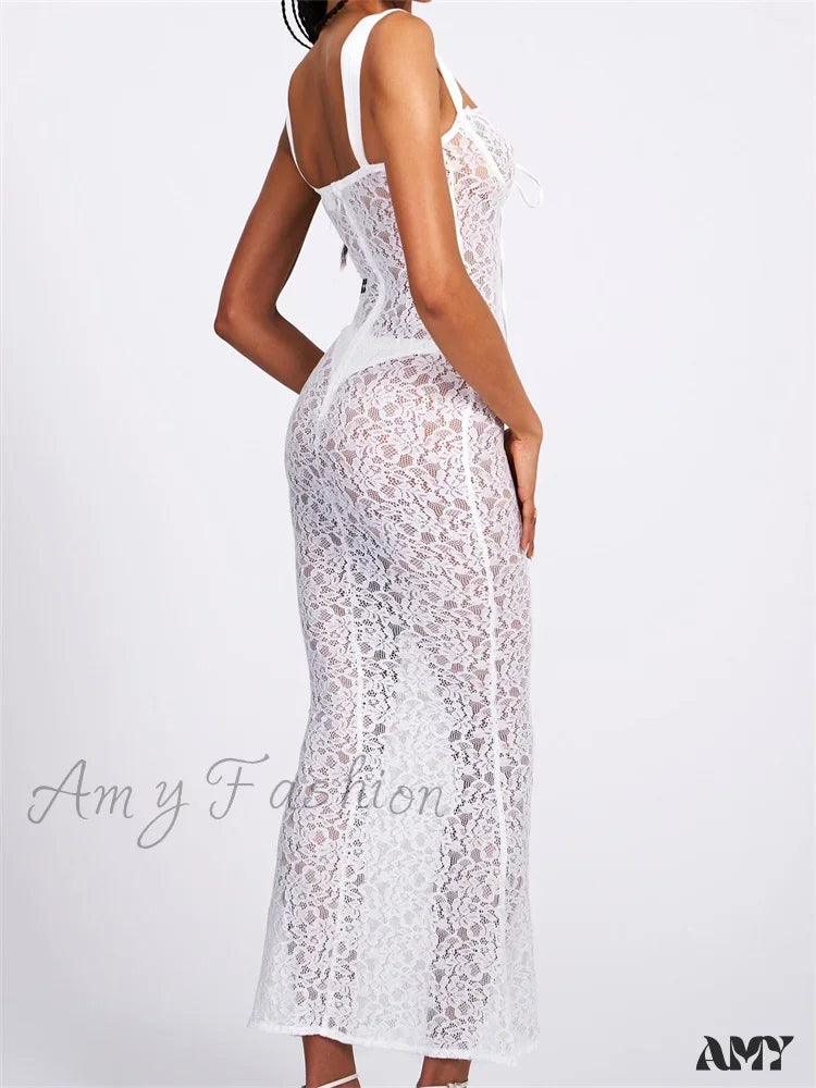 Amy Fashion - Sexy Women Lace Floral Sling Mesh See-Through Sleeveless Strap Low Cut Summer