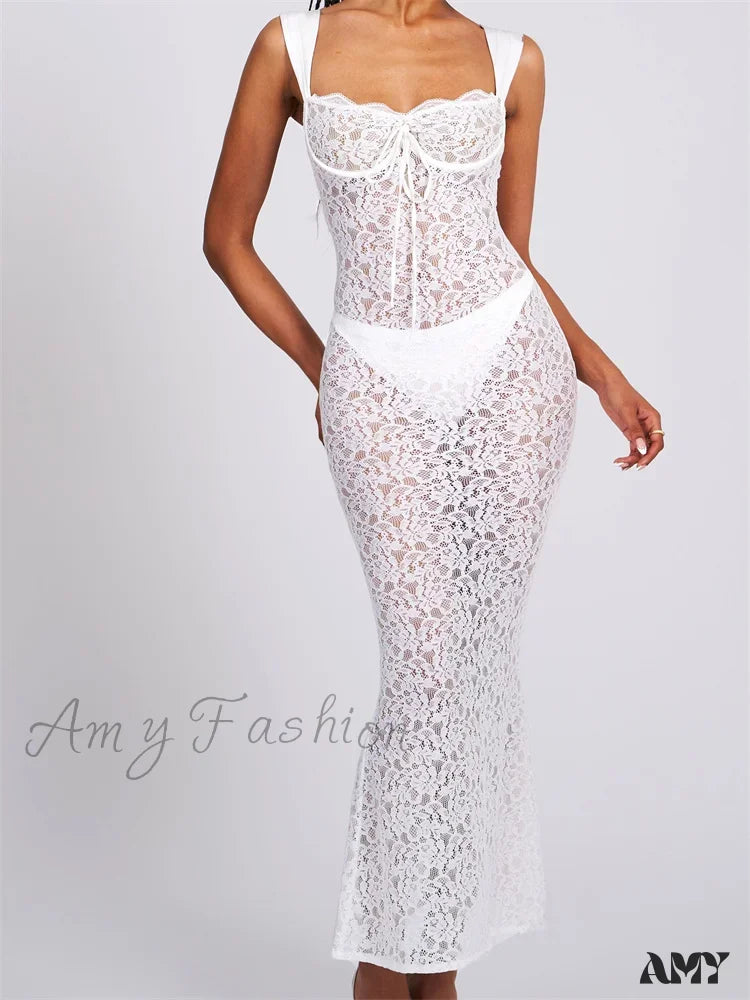 Amy Fashion - Sexy Women Lace Floral Sling Mesh See-Through Sleeveless Strap Low Cut Summer