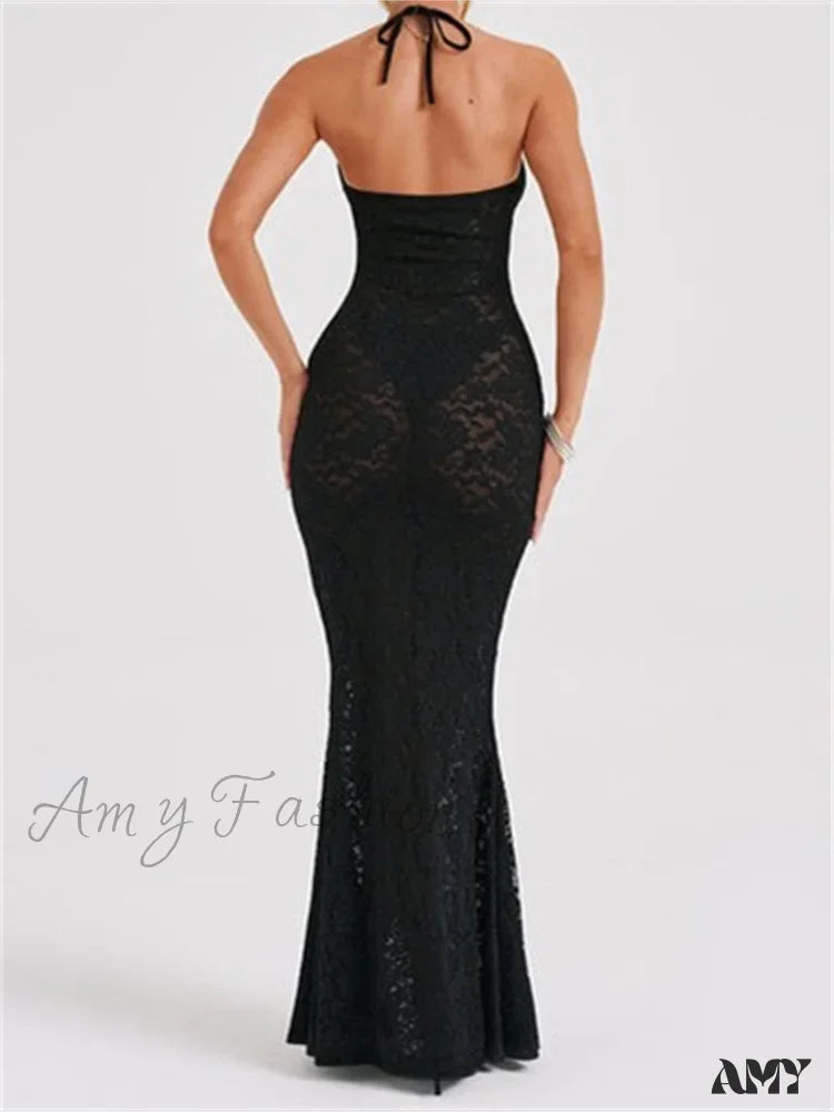 Amy Fashion - Sexy Women Lace Mesh See Through Summer Off Shoulder V-Neck Halter Black Beach Female