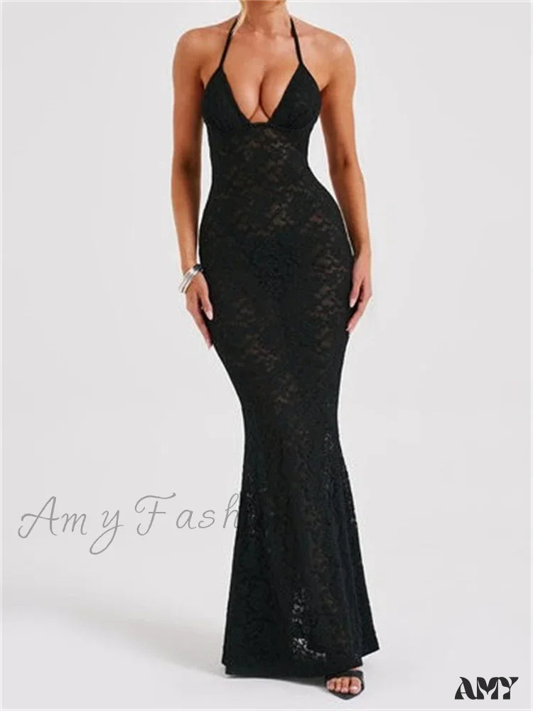 Amy Fashion - Sexy Women Lace Mesh See Through Summer Off Shoulder V-Neck Halter Black Beach Female