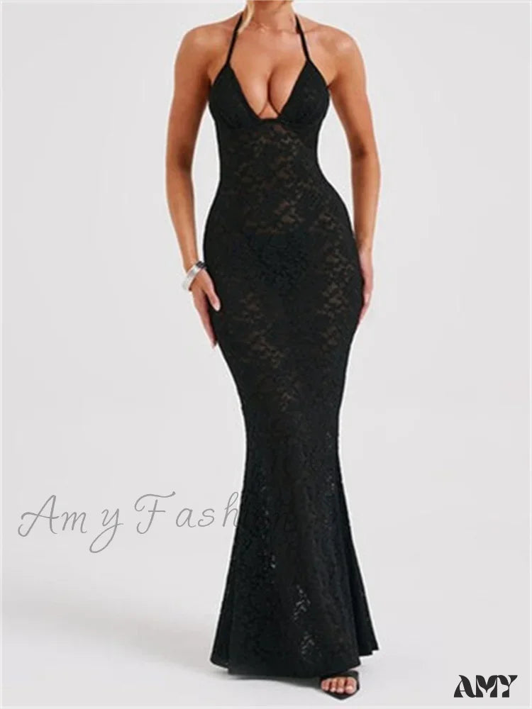 Amy Fashion - Sexy Women Lace Mesh See Through Summer Off Shoulder V-Neck Halter Black Beach Female