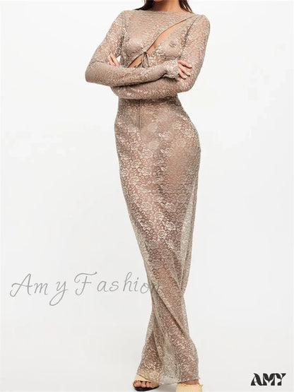 Amy Fashion - Sexy Women Lace Party Sleeve Crew Neck Front Hollow Out Cocktail Mesh See-Through