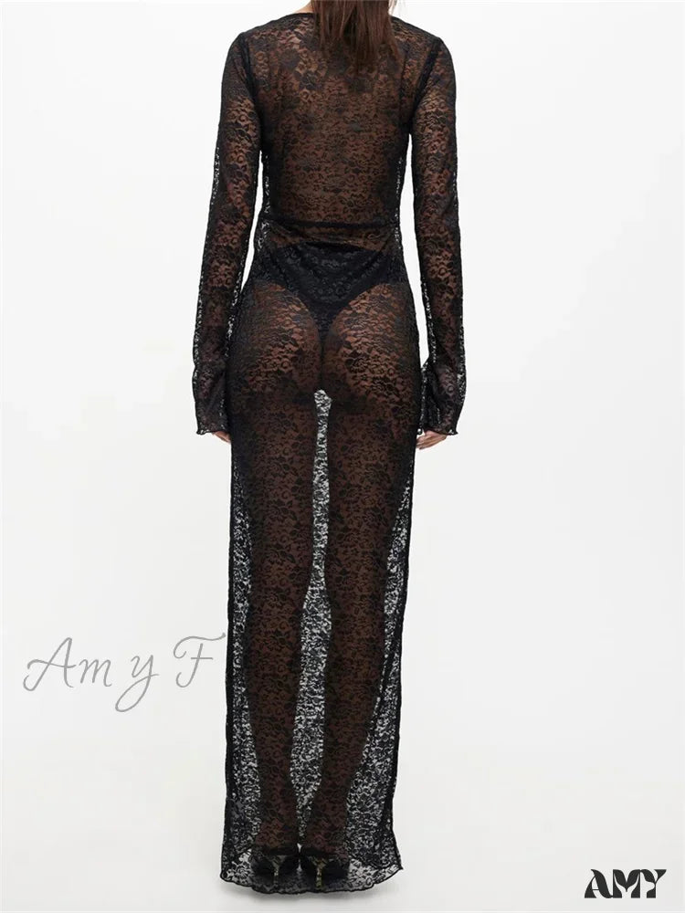 Amy Fashion - Sexy Women Lace Party Sleeve Crew Neck Front Hollow Out Cocktail Mesh See-Through