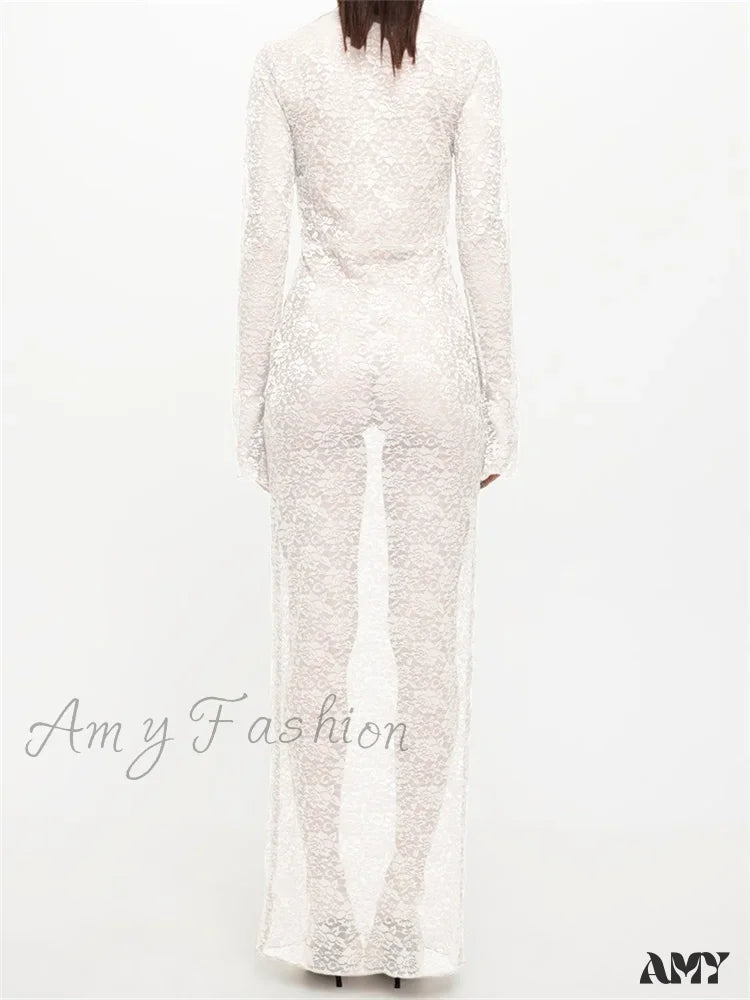 Amy Fashion - Sexy Women Lace Party Sleeve Crew Neck Front Hollow Out Cocktail Mesh See-Through