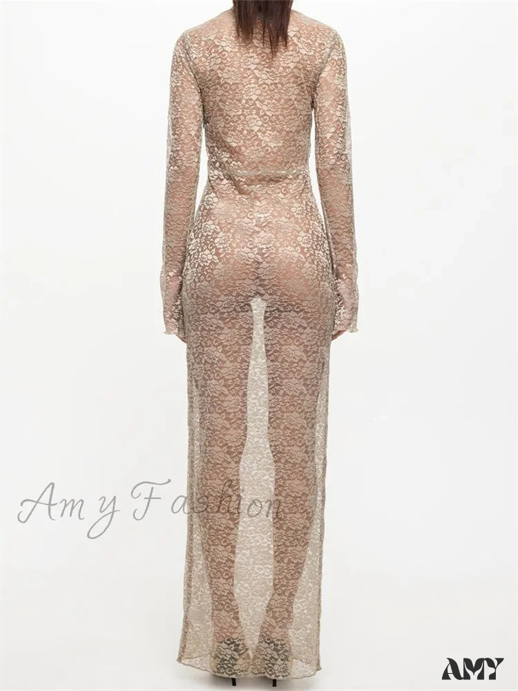 Amy Fashion - Sexy Women Lace Party Sleeve Crew Neck Front Hollow Out Cocktail Mesh See-Through