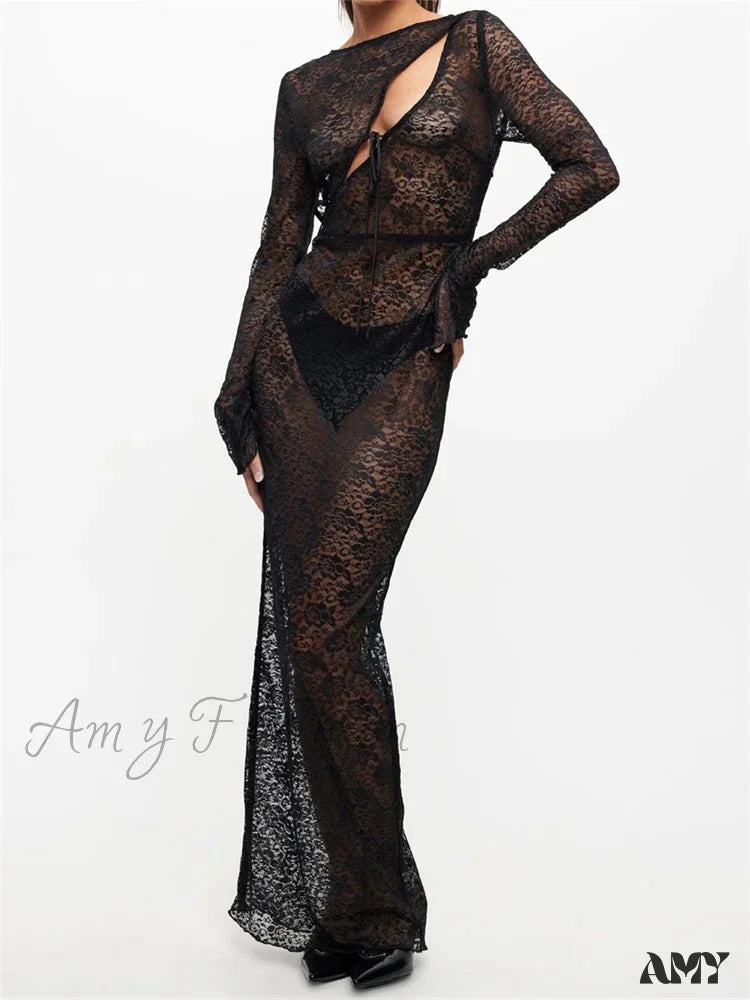 Amy Fashion - Sexy Women Lace Party Sleeve Crew Neck Front Hollow Out Cocktail Mesh See-Through