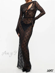 Amy Fashion - Sexy Women Lace Party Sleeve Crew Neck Front Hollow Out Cocktail Mesh See-Through