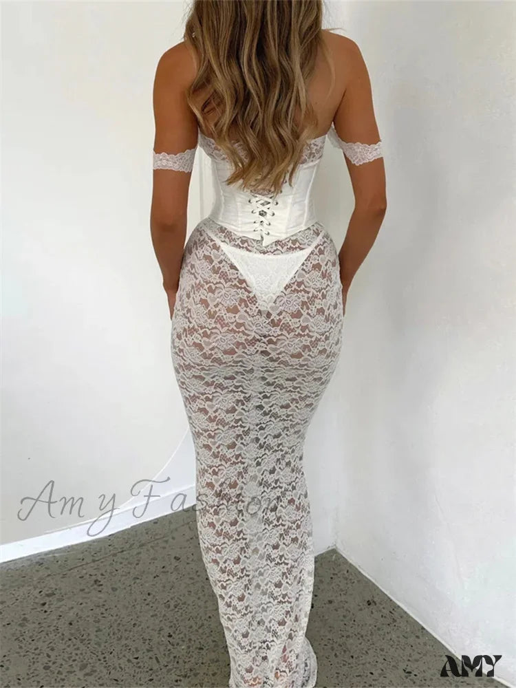 Amy Fashion - Sexy Women Lace Party Strapless Backless Patchwork See Through Black Slim Cocktail