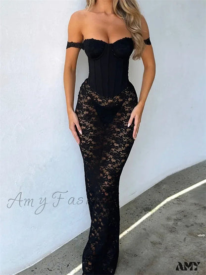 Amy Fashion - Sexy Women Lace Party Strapless Backless Patchwork See Through Black Slim Cocktail