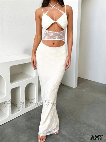 Amy Fashion - Sexy Women Lace See Through Sleeveless Spaghetti Strap Cutout Elegant Party Female