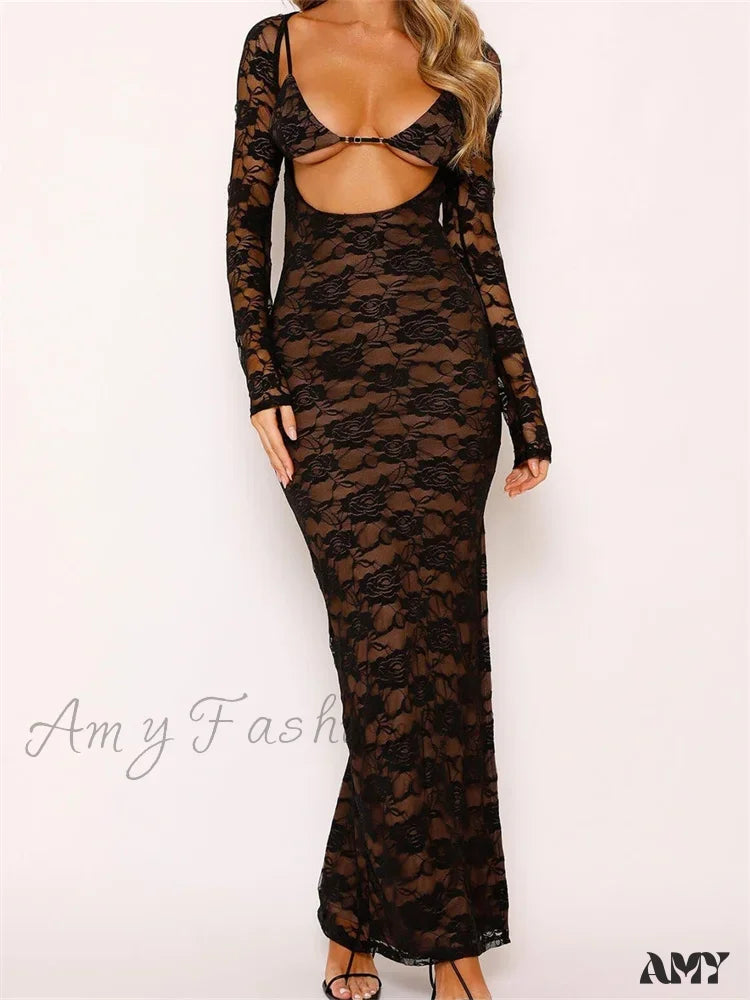 Amy Fashion - Sexy Women Lace Sleeve Low Cut Deep V-Neck Party Club With Bra Summer High Split