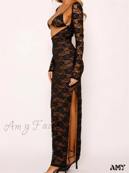 Amy Fashion - Sexy Women Lace Sleeve Low Cut Deep V-Neck Party Club With Bra Summer High Split