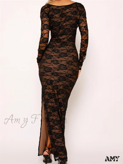 Amy Fashion - Sexy Women Lace Sleeve Low Cut Deep V-Neck Party Club With Bra Summer High Split