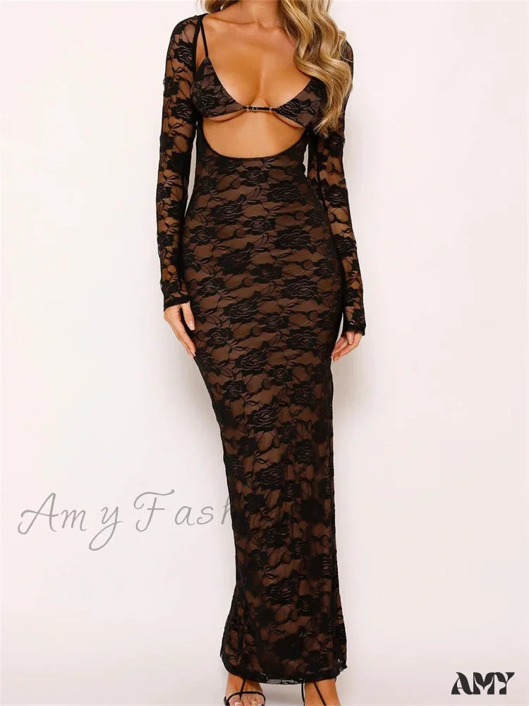 Amy Fashion - Sexy Women Lace Sleeve Low Cut Deep V-Neck Party Club With Bra Summer High Split