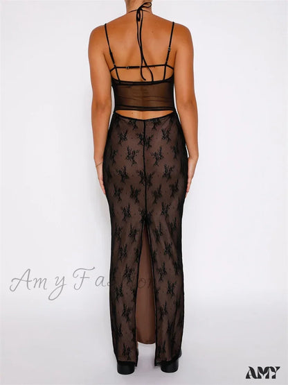 Amy Fashion - Sexy Women Lace Sleeveless Strap Sling Party Club Mesh See Through Hollow Out Slim