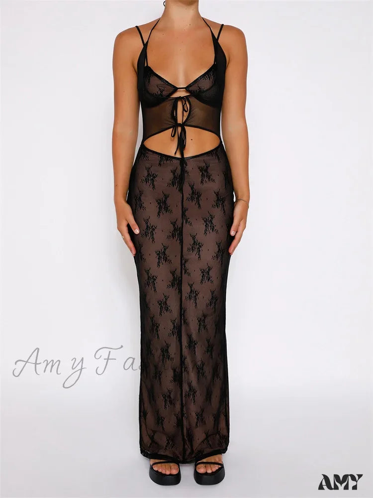 Amy Fashion - Sexy Women Lace Sleeveless Strap Sling Party Club Mesh See Through Hollow Out Slim