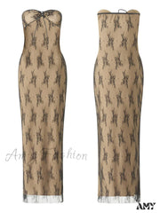 Amy Fashion - Sexy Women Lace Strapless Off Shoulder Tube Party Club Mesh See Through Tie-Up Slim