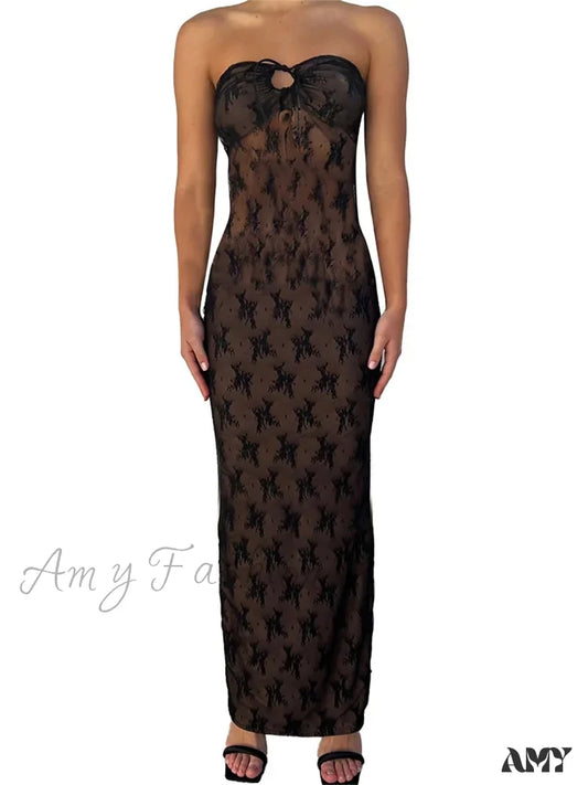 Amy Fashion - Sexy Women Lace Strapless Off Shoulder Tube Party Club Mesh See Through Tie-Up Slim