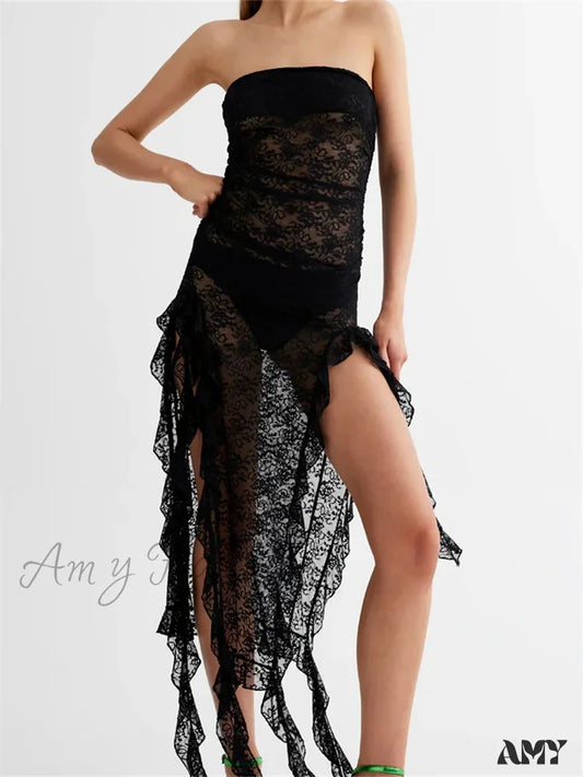 Amy Fashion - Sexy Women Lace Tube Strapless Off Shoulder Backless See Through Irregular Hem Split