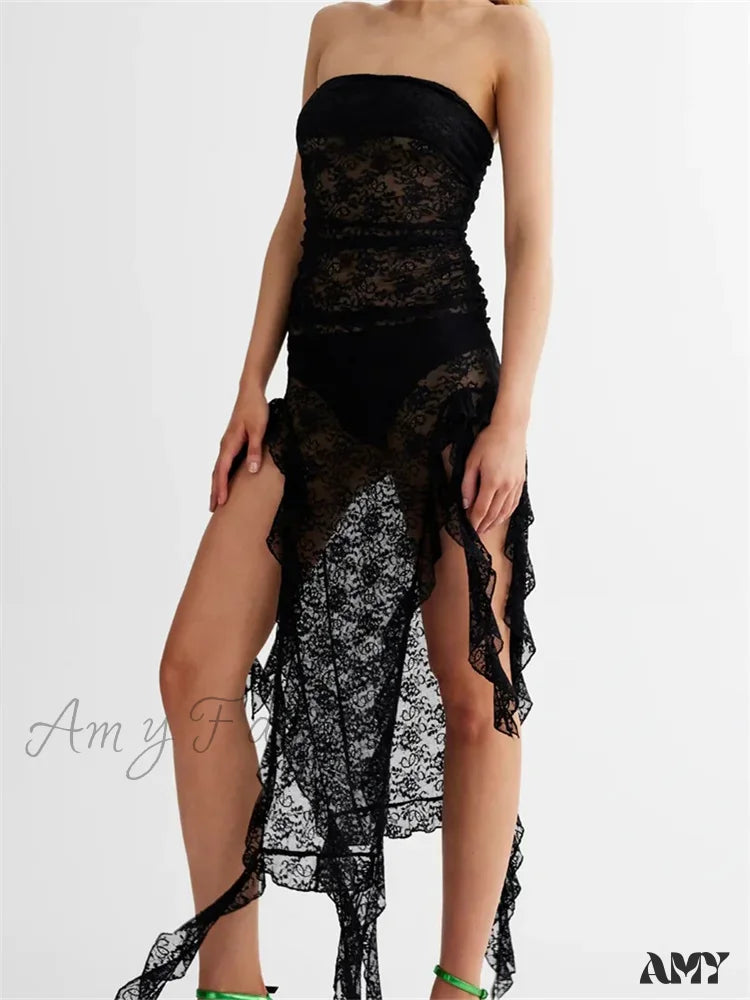 Amy Fashion - Sexy Women Lace Tube Strapless Off Shoulder Backless See Through Irregular Hem Split