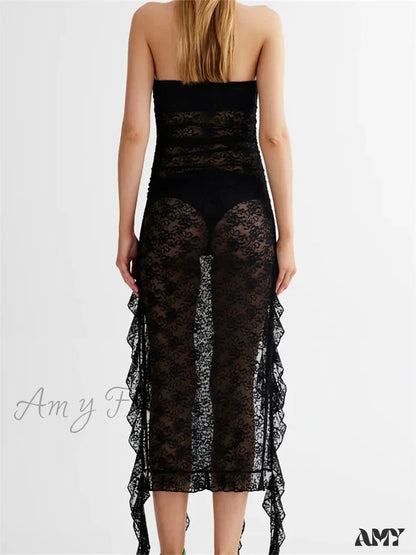 Amy Fashion - Sexy Women Lace Tube Strapless Off Shoulder Backless See Through Irregular Hem Split