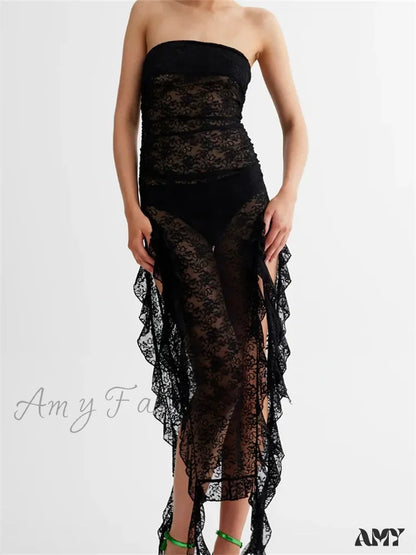 Amy Fashion - Sexy Women Lace Tube Strapless Off Shoulder Backless See Through Irregular Hem Split