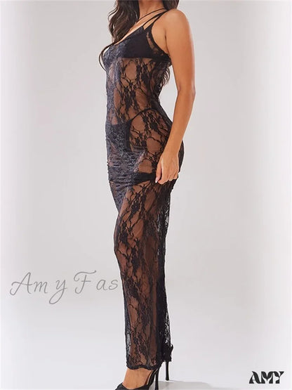 Amy Fashion - Sexy Women Mesh See-Through Lace Floral Sleeveless Strap Beach Party Summer Black