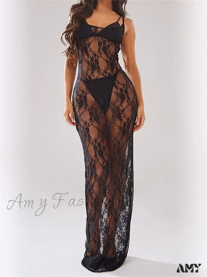 Amy Fashion - Sexy Women Mesh See-Through Lace Floral Sleeveless Strap Beach Party Summer Black