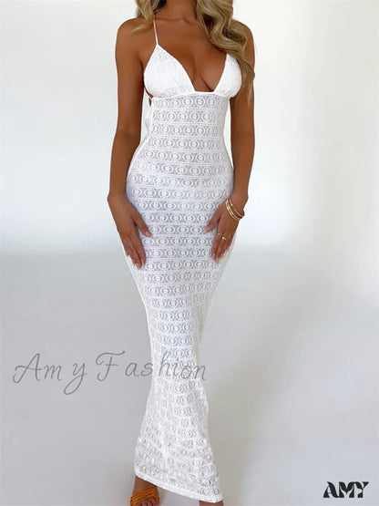 Amy Fashion - Sexy Women Mesh Sheer See Through Lace Patchwork Backless Deep V-Neck Slim Fit Party