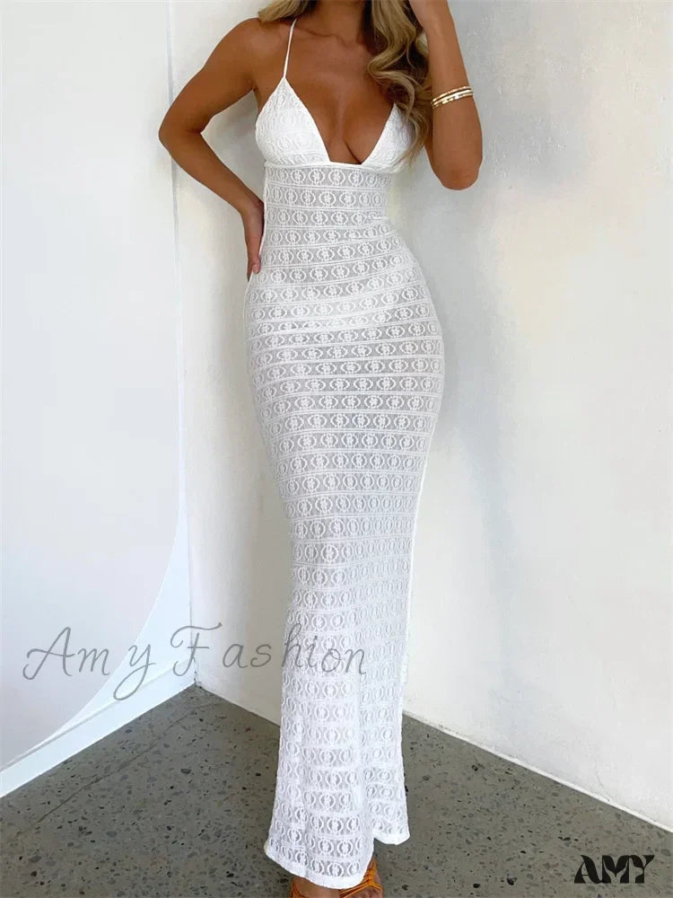 Amy Fashion - Sexy Women Mesh Sheer See Through Lace Patchwork Backless Deep V-Neck Slim Fit Party