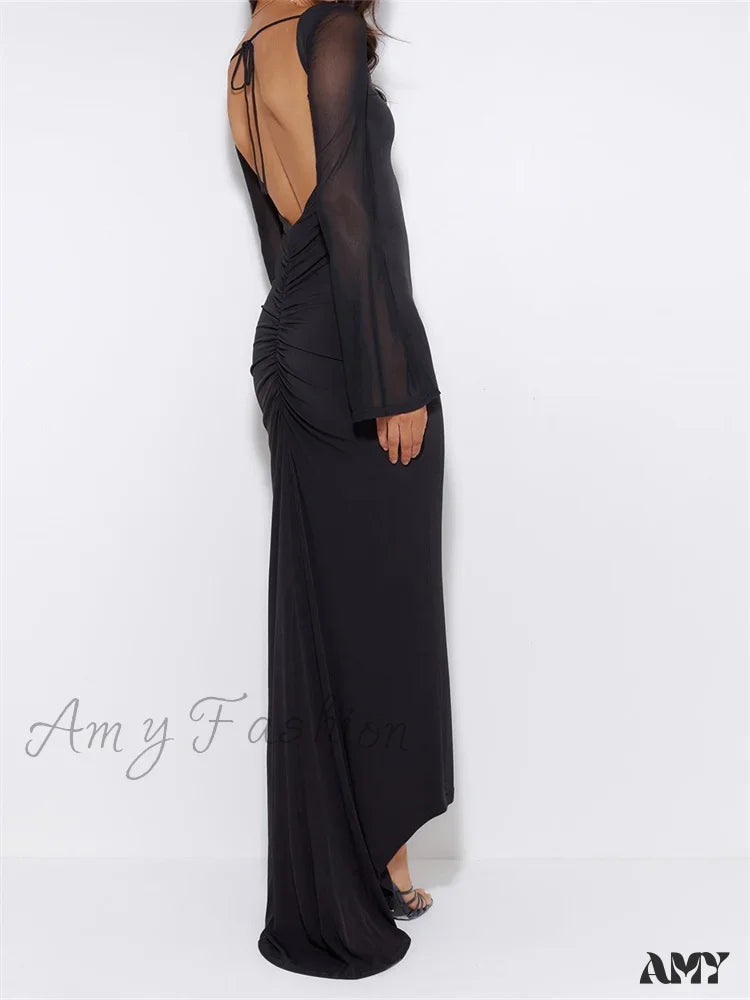 Amy Fashion - Sexy Women Mesh Sleeve Backless Ruched Lace-Up Solid Color Party Female Irregular Hem