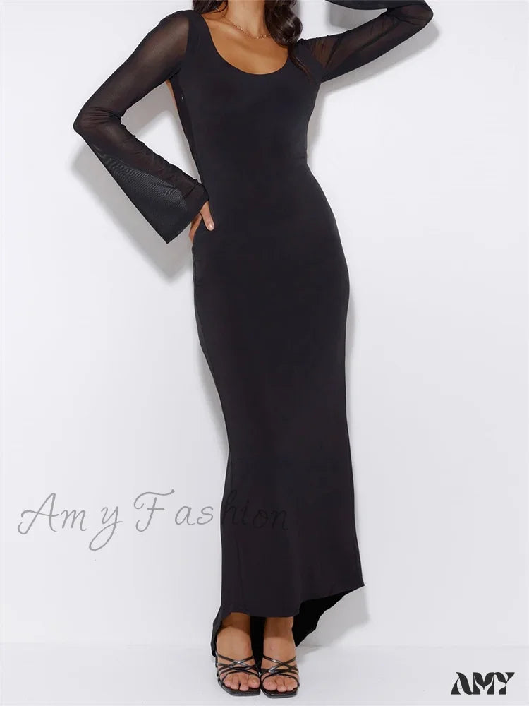 Amy Fashion - Sexy Women Mesh Sleeve Backless Ruched Lace-Up Solid Color Party Female Irregular Hem