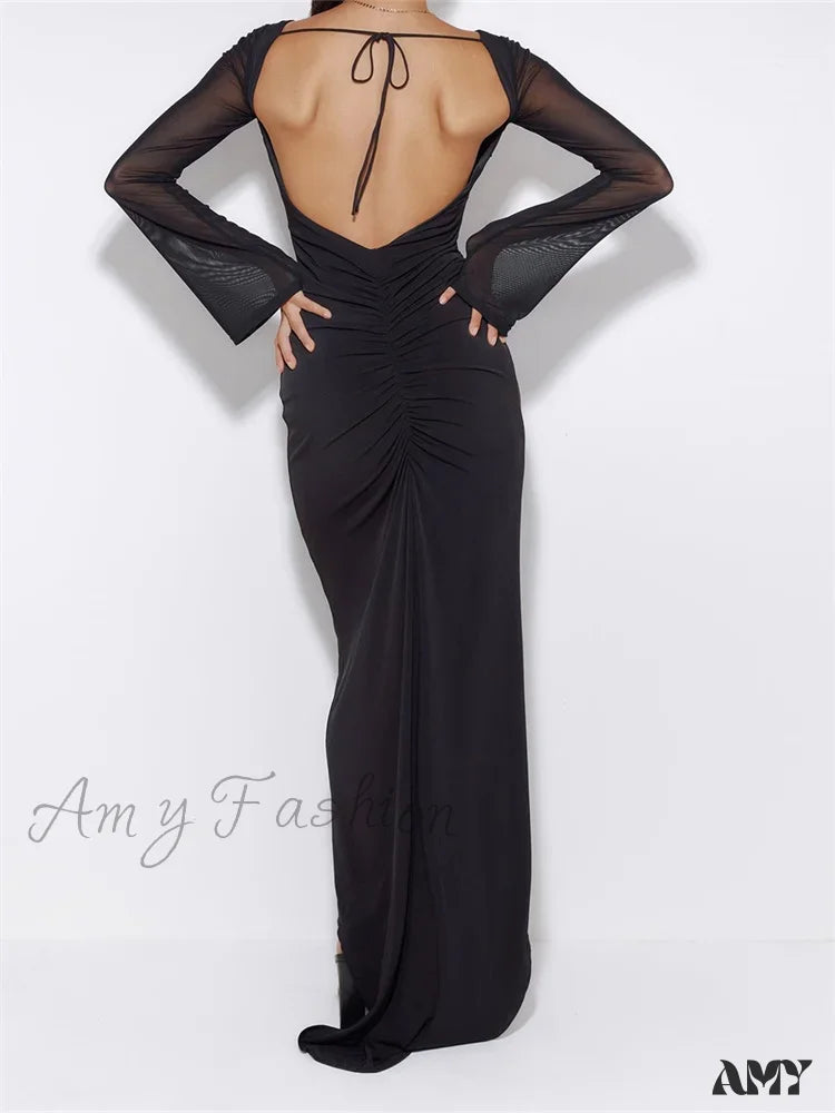 Amy Fashion - Sexy Women Mesh Sleeve Backless Ruched Lace-Up Solid Color Party Female Irregular Hem