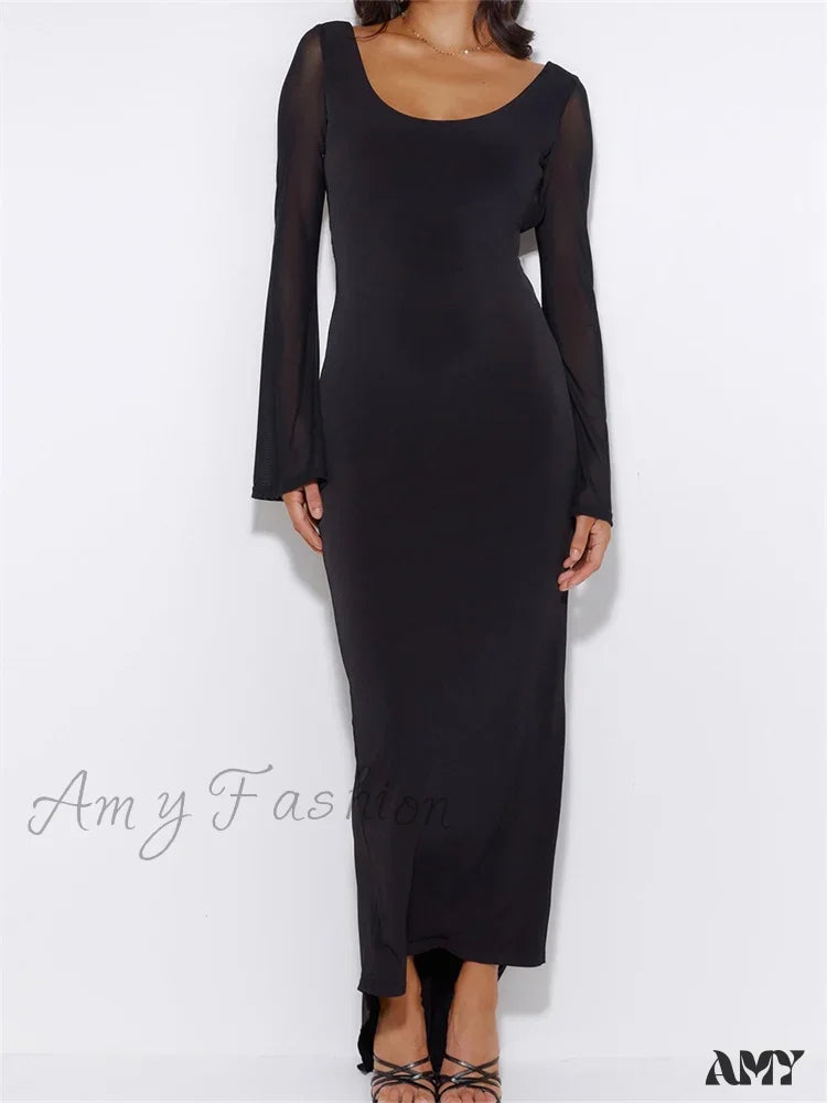 Amy Fashion - Sexy Women Mesh Sleeve Backless Ruched Lace-Up Solid Color Party Female Irregular Hem