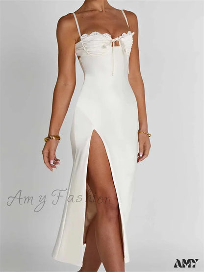 Amy Fashion - Sexy Women Ruched Lace Low Cut Sleeveless Spaghetti Strap High Split Evening Front