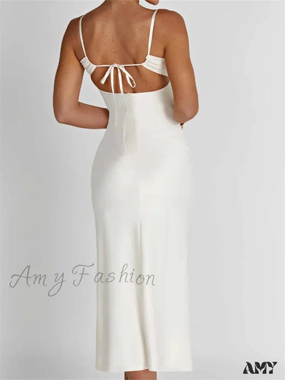 Amy Fashion - Sexy Women Ruched Lace Low Cut Sleeveless Spaghetti Strap High Split Evening Front