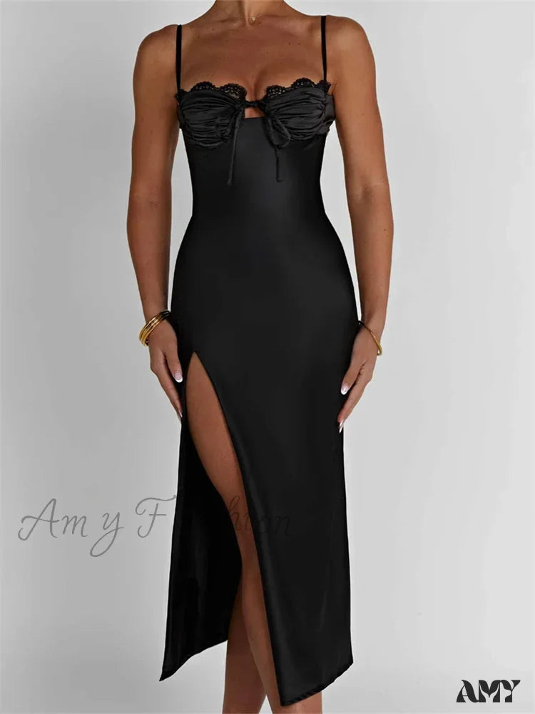 Amy Fashion - Sexy Women Ruched Lace Low Cut Sleeveless Spaghetti Strap High Split Evening Front