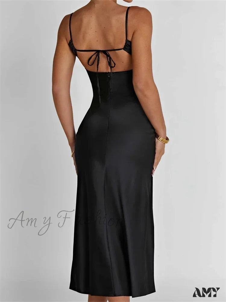 Amy Fashion - Sexy Women Ruched Lace Low Cut Sleeveless Spaghetti Strap High Split Evening Front