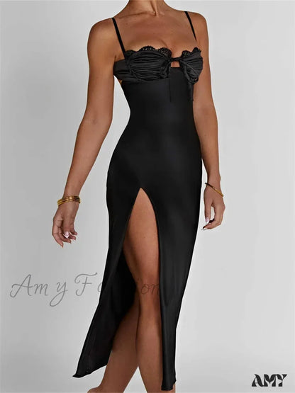 Amy Fashion - Sexy Women Ruched Lace Low Cut Sleeveless Spaghetti Strap High Split Evening Front