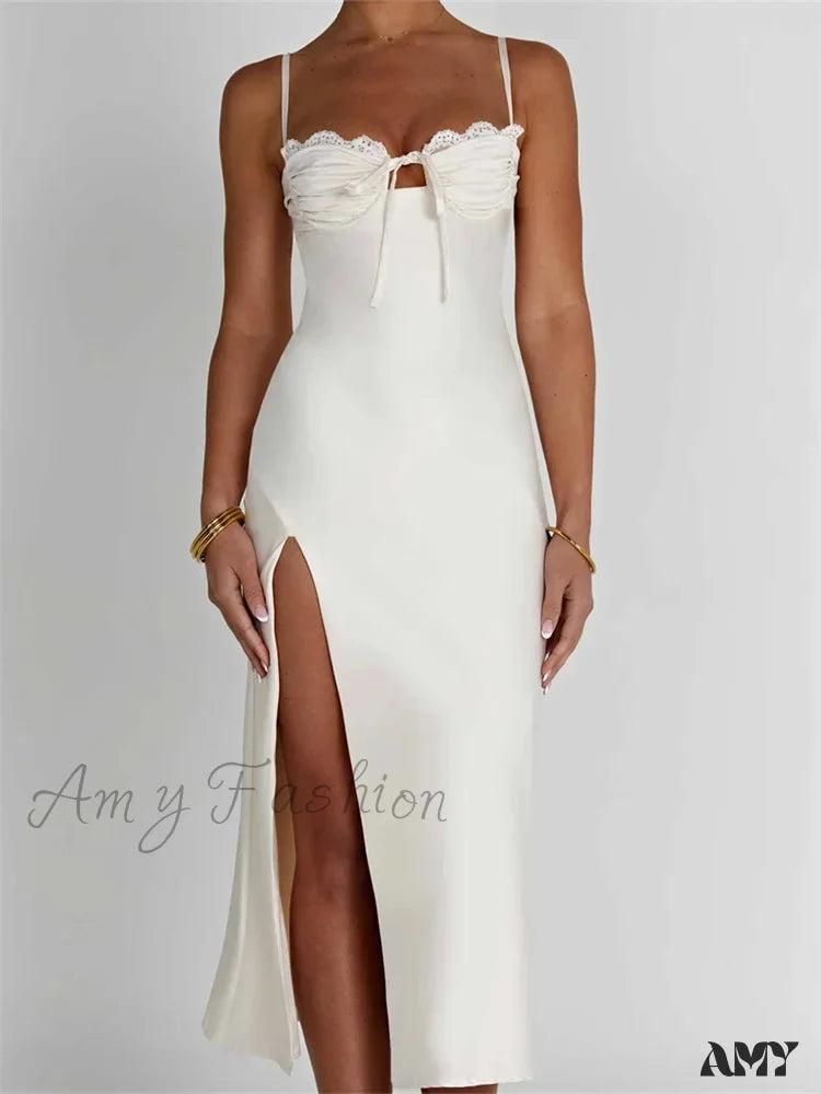 Amy Fashion - Sexy Women Ruched Lace Low Cut Sleeveless Spaghetti Strap High Split Evening Front