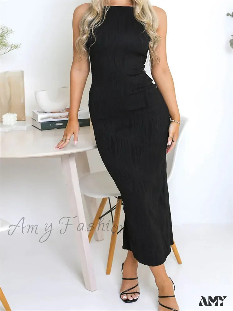 Amy Fashion - Sexy Women Ruched Sleeveless Slim Solid Summer Party Back Split Clubwear Female