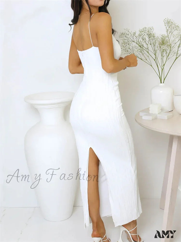 Amy Fashion - Sexy Women Ruched Sleeveless Slim Solid Summer Party Back Split Clubwear Female