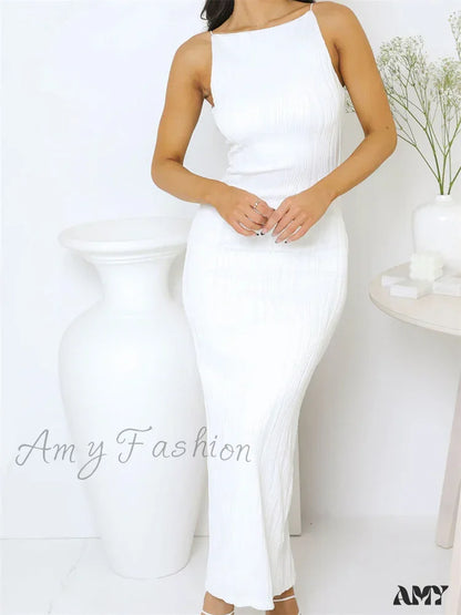 Amy Fashion - Sexy Women Ruched Sleeveless Slim Solid Summer Party Back Split Clubwear Female